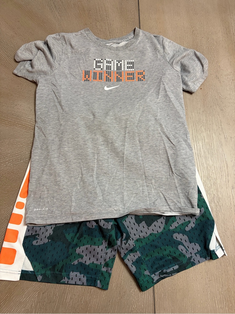 Nike Gray Tee with Orange Accent & Green Camo Shorts